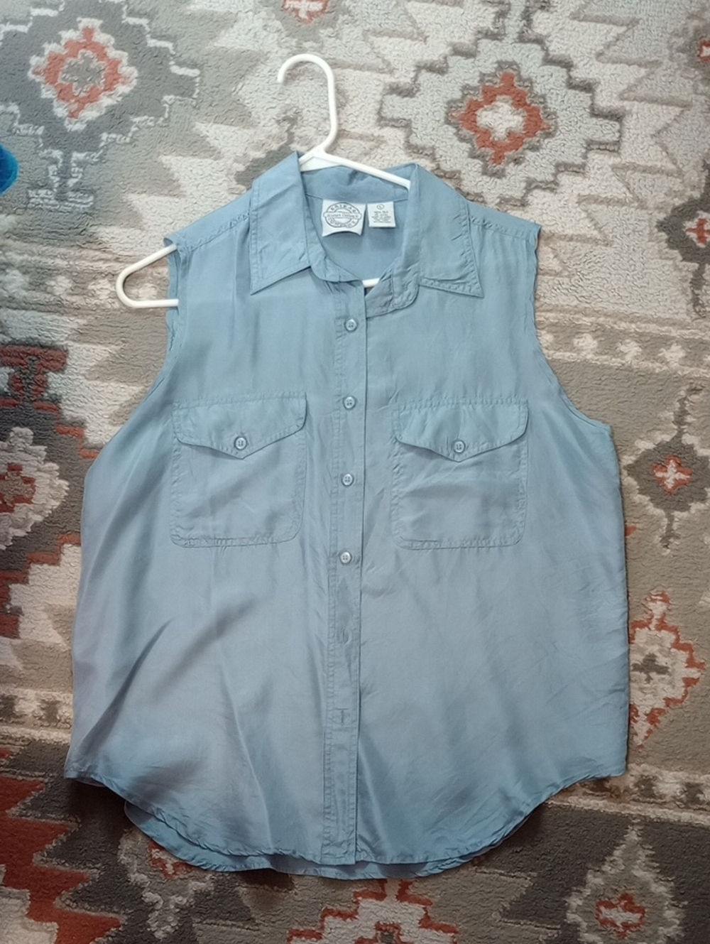 Sleeveless Silk Button-Front Top in Light Blue